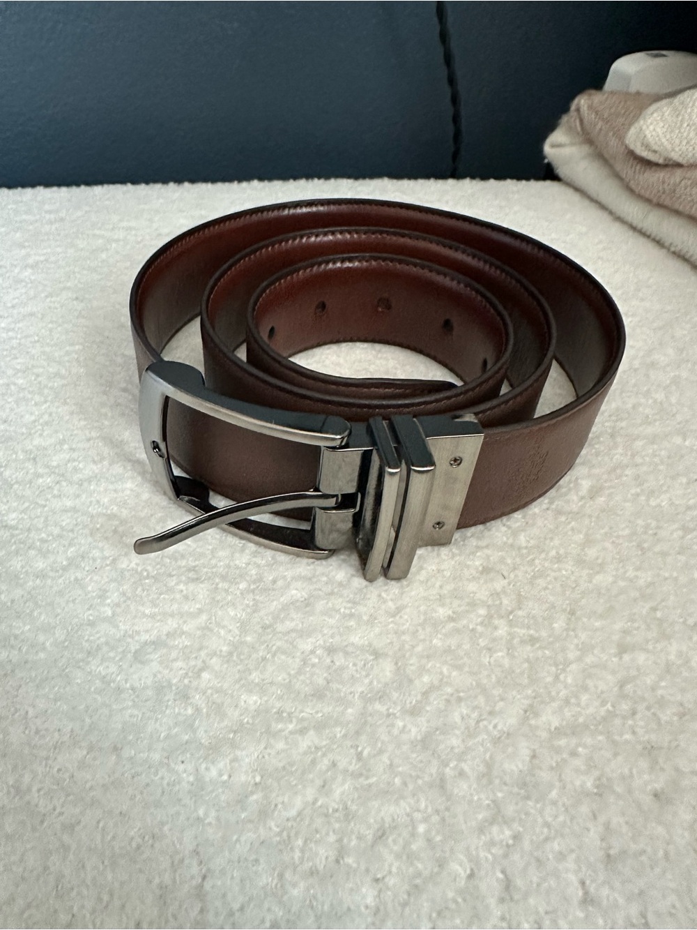 Men's reversible Brown Leather Dress Belt with Silver Buckle